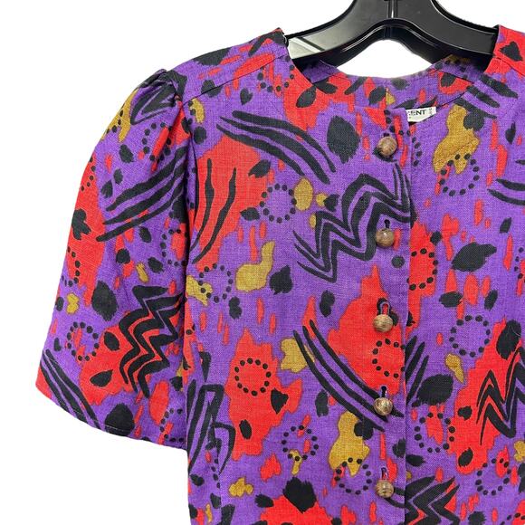 Yves Saint Laurent Vintage 1980s Purple Abstract Linen Blouse Womens 34 US 2 - Picture 2 of 5